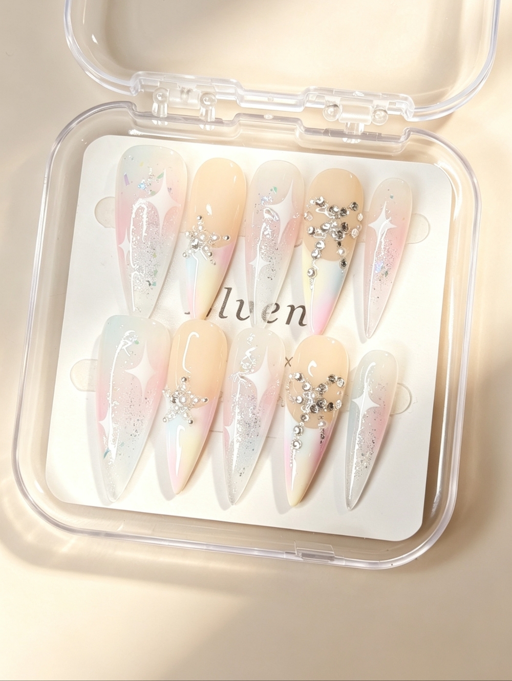 Pastel Gradient with Silver Glitter Rhinestones Stiletto Handmade Press On Nails